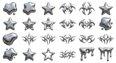 Set of 3D Liquid Chrome Geometric Shapes and Tribal Assets Isolated on White