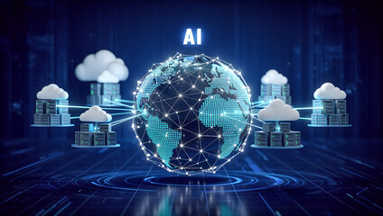 Artificial intelligence connecting a digital globe with cloud computing servers for global data processing and technology infrastructure