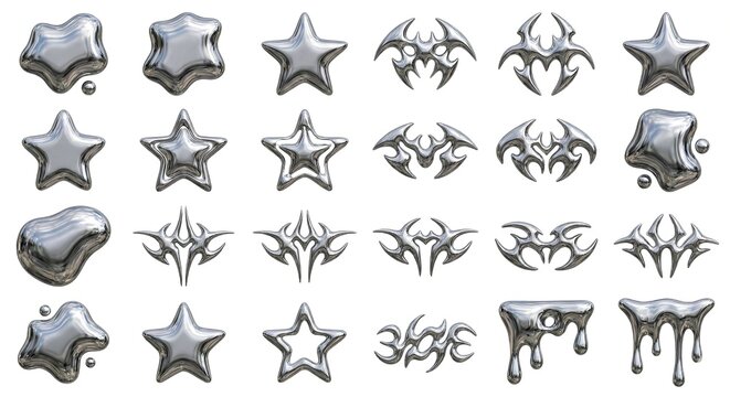 Set of 3D Liquid Chrome Geometric Shapes and Tribal Assets Isolated on White
