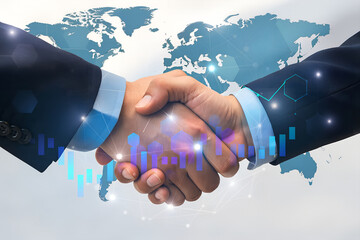 Business handshake over a glowing world map and digital data points symbolizing global partnership and agreement