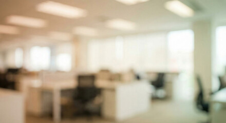 Abstract blurred office interior background with soft bokeh lights and minimalist furniture, ideal for corporate presentations and commercial copy space.