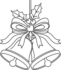 Outline drawing of two Christmas bells tied with a bow and holly leaves, festive icon