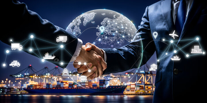 Business partnership handshake for global logistics and supply chain management
