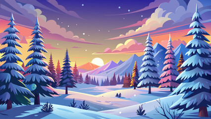Winter landscape wallpaper featuring a pine forest blanketed in fresh snow beneath a colorful sunset sky, with snowy fir trees creating a beautiful Christmas and New Year greeting card background