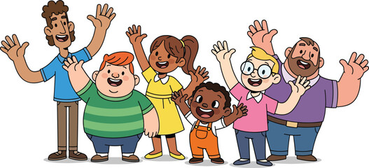 Diverse group of friends waving and smiling together