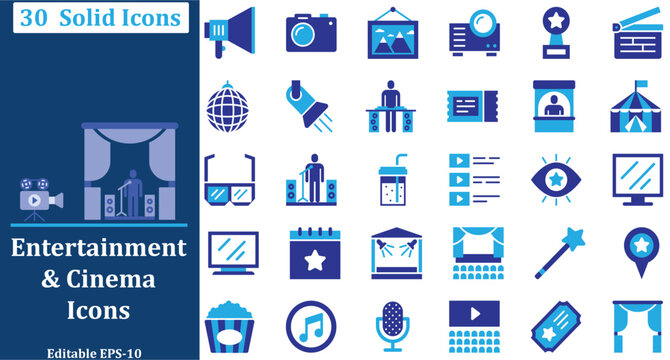 entertainment and cinema icons set with movie theatre stage production and event equipment elements. fully editable eps 10 format.