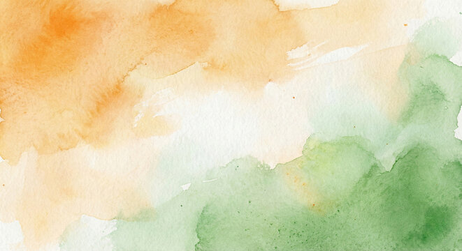 Abstract orange and green watercolor wash on white paper background, conceptual artistic representation of Indian national tricolor for patriotic design.