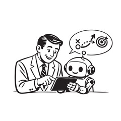 Black and white line art illustration, flat cartoon retro style, friendly human businessman discussing strategy with a small robot, both looking at a tablet, clean outlines, minimal details, vintage i
