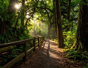 Lush, sunny forest path with a wooden railing and vibrant green