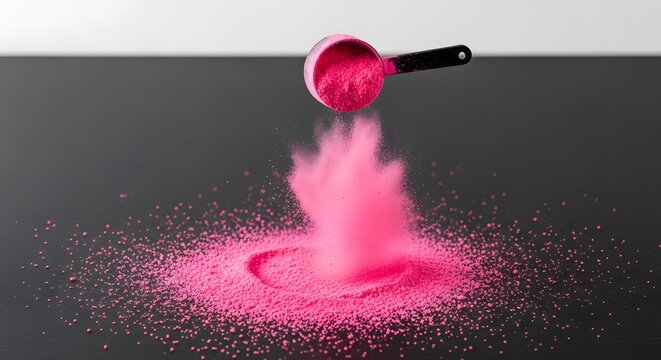 Bright pink pre-workout supplement powder falling from scoop onto dark surface.