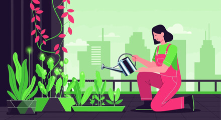 A serene illustration of a woman tending to her urban rooftop garden with skyscrapers offering an