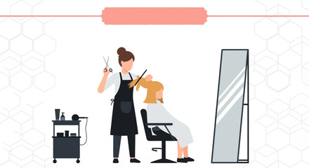 A serene beauty salon scene featuring a hairdresser attending to a client with gentle care and