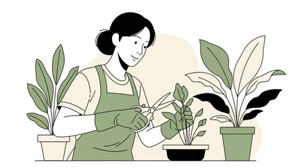 A woman in an apron is pruning plants at home illustrating sustainable living practices
