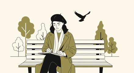 A young woman immersed in writing on a bench amidst a serene park setting sketch