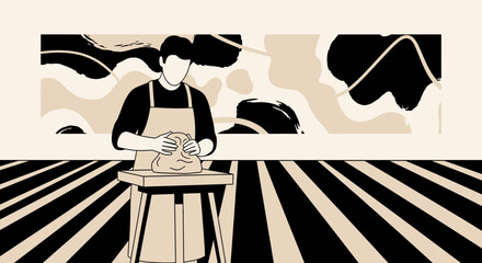 Abstract illustration of a potter shaping clay in a studio with artistic backdrop