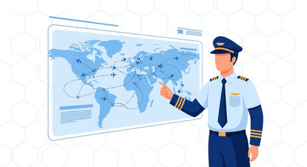 Aviation professional presenting a world map with flight paths in a modern setting