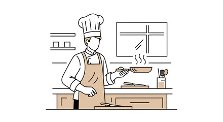 Chef preparing food in a kitchen with a frying pan minimal illustration