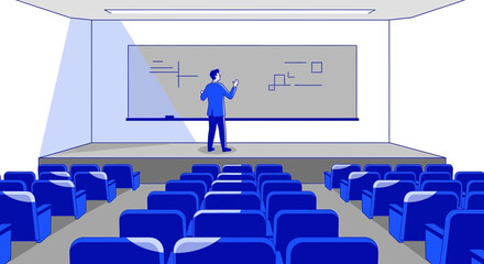 Conference room with a presenter giving a lecture on a stage, with empty seating for an audience,