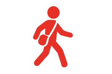 Red walking person icon with a messenger bag, symbolizing student life, delivery, travel, and urban movement, transparent background