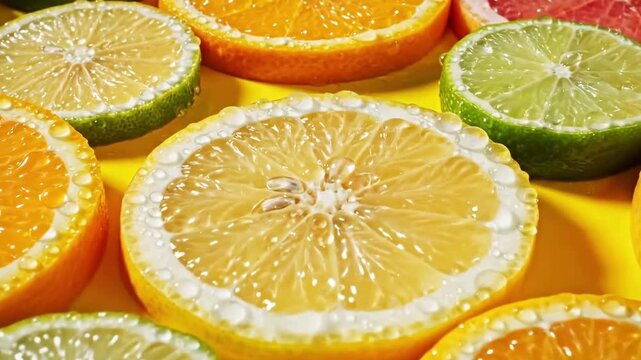 Vibrant Assortment of Fresh Citrus Slices Displayed on a Bright Yellow Surface