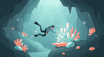 Diver explores underwater cave adorned with vibrant coral formations in crystal clear waters