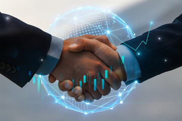 Global business partnership and digital finance concept represented by a professional handshake over network data.