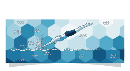 Dynamic Swimming Illustration with Geometric Water Background and Graceful Dive