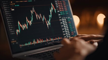 Observe the process of cryptocurrency trading as a person monitors market trends on a laptop in a cozy setting. The charts display real-time price movements and analysis - Powered by Adobe