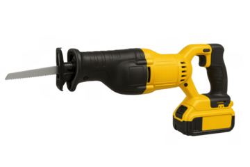 Cordless reciprocating saw for demolition and construction projects, a modern power tool with battery, transparent background
