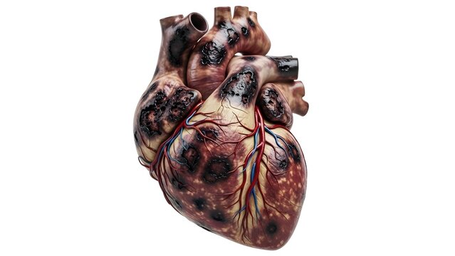 black spot heart disease of human heart with extensive black necrosis and damage 3D rendering medical illustration