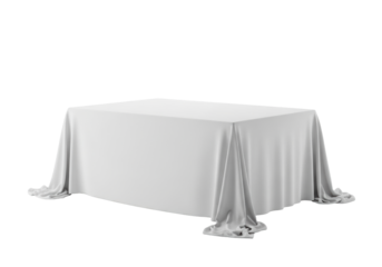 Meticulously draped rectangular display table with luxurious white fabric, elegant drapes, soft folds, delicate texture, isolated on a transparent background with copy space concept for elegant