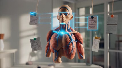 Anatomical human muscle model with labels in educational setting