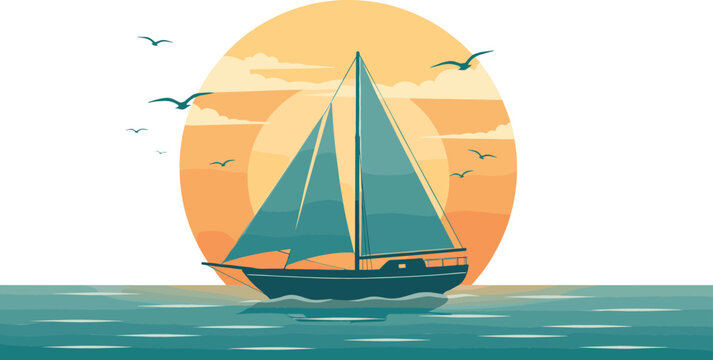 Serene sailboat sailing on calm ocean waters during orange sunset with flying seagulls minimalist nautical vector background illustration