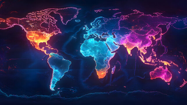 Vibrant global connections map with colorful neon lights on world map - Powered by Adobe