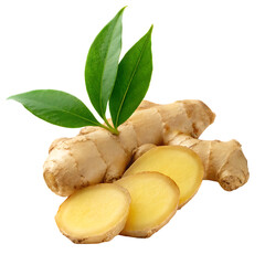 Fototapeta premium Fresh ginger root with slices and leaves