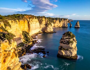 Golden cliffs meet turquoise sea, rock formations jut from the water under a bright sky
