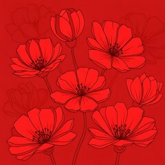 A vibrant red illustration featuring stylized flowers in varying stages of bloom against a matching red backdrop. Delicate outlines detail the petals