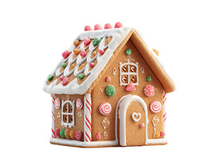 Gingerbread House with Candy Decorations Isolated on Transparent Background, Festive Gingerbread House with Colorful Candies and White Icing Details, Christmas Holiday Treat, PNG