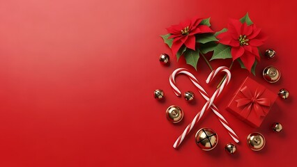 vibrant christmas decoration arrangement with poinsettia, candy canes, gift box, and gold bells on red background