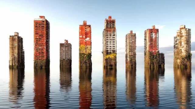 Cinematic Drone Flyover of Flooded Abandoned Skyscrapers in Post-Apocalyptic City
