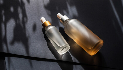 暗背景に並ぶ美容液ボトル　高級感のあるスキンケアイメージ