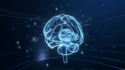 Glowing blue brain with binary code in futuristic digital environment - Powered by Adobe
