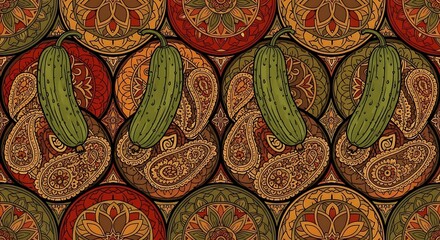 A vibrant, repeating pattern features pickles atop ornately decorated circular designs with paisley and floral patterns