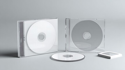 Open clear plastic CD jewel case with blank white disc and insert for branding. Mock-up of compact disc packaging on soft gray background. Represents digital storage, music or.