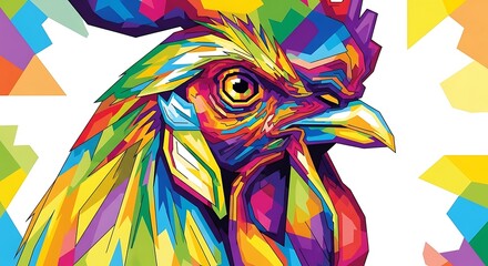 A vibrant rooster portrait. The colorful stylized image showcases the bird's head and neck with geometric shapes, celebrating brightness and detail