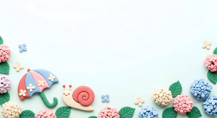 梅雨の紫陽花とカタツムリと傘のかわいいクレイアートフレーム背景