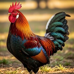 A vibrant rooster stands proudly, showcasing colorful plumage with red comb and wattle. Its iridescent feathers gleam in soft sunlight