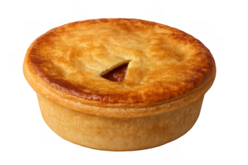Golden brown meat pie or savory pastry snack with a flaky crust, fresh from the oven, isolated on transparent background