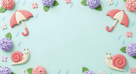梅雨の紫陽花とカタツムリと傘のかわいいクレイアートフレーム背景