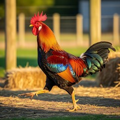 A vibrant rooster strides across a sunlit grassy field with hay bales in the background, showing off colorful plumage